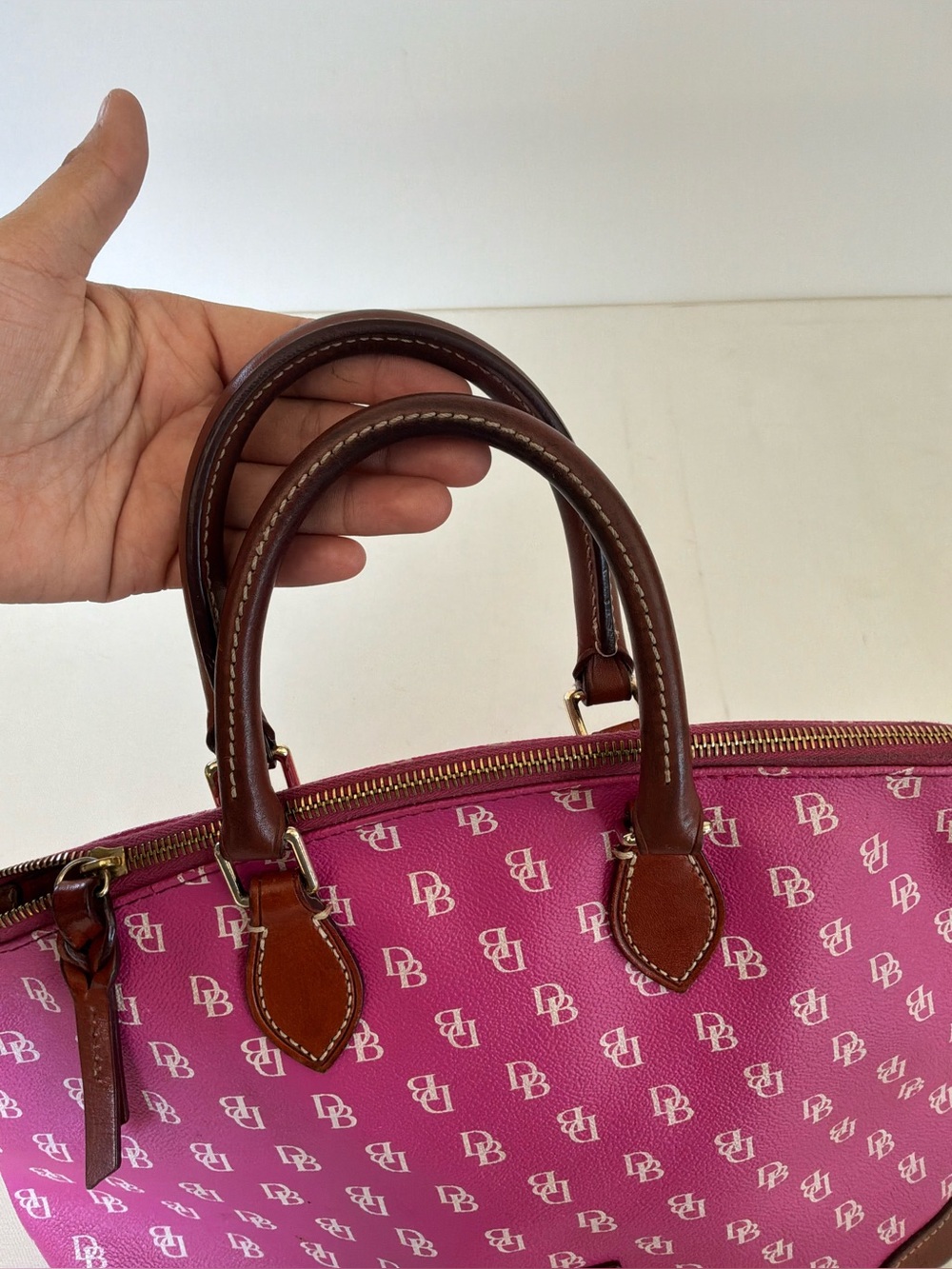 Dooney & Bourke Pink DB Monogram Satchel Top Handle Handbag Purse Leather Trim - Picture 10 of 14